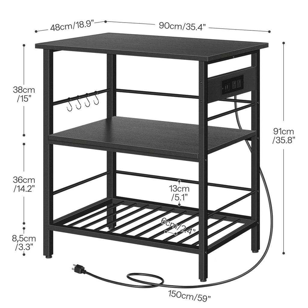HOOBRO Kitchen Island with Storage, Kitchen Island Table with Power Outlet, 47.2" L 3 Tier Kitchen Counter and Microwave Stand, for Home, Kitchen and Dining Room, Rustic Brown and Black BF120UZD01