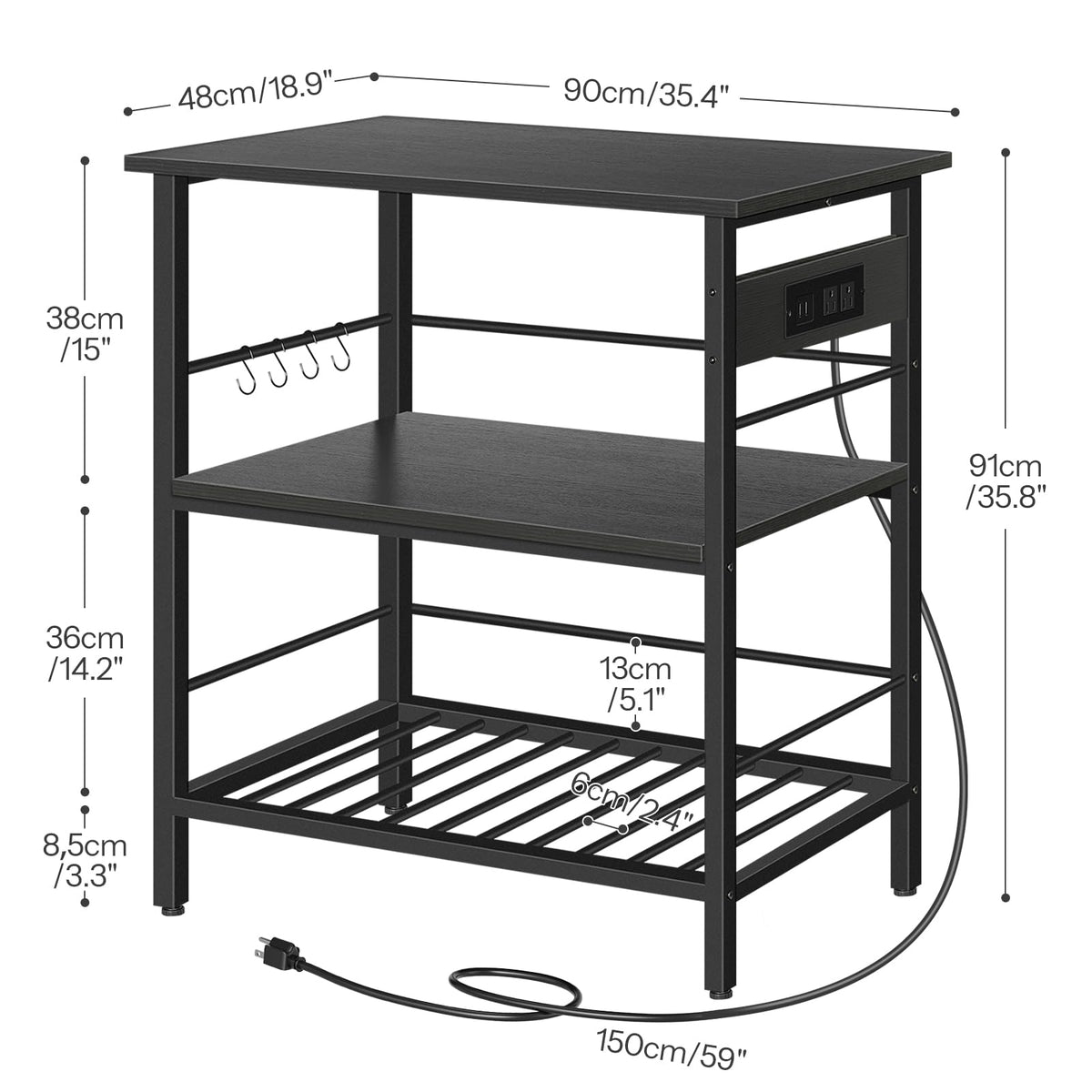 HOOBRO Kitchen Island with Storage, Kitchen Island Table with Power Outlet, 47.2" L 3 Tier Kitchen Counter and Microwave Stand, for Home, Kitchen and Dining Room, Rustic Brown and Black BF120UZD01