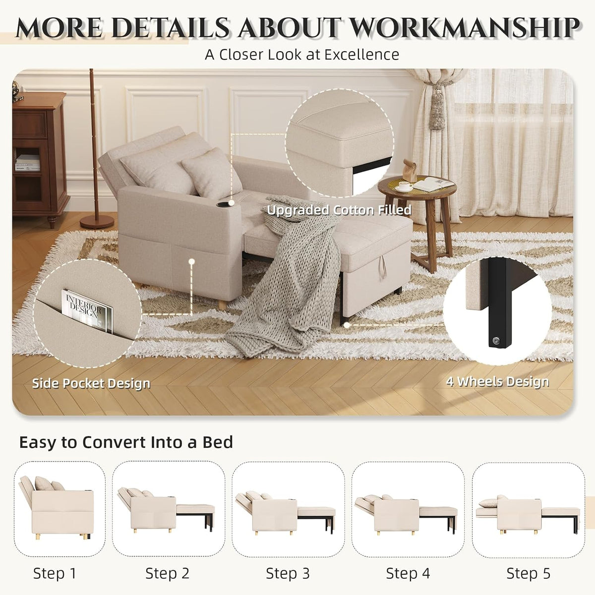 YODOLLA Sleeper Chair Pull Out Bed, Chair Bed Sleeper for Adults, Beige