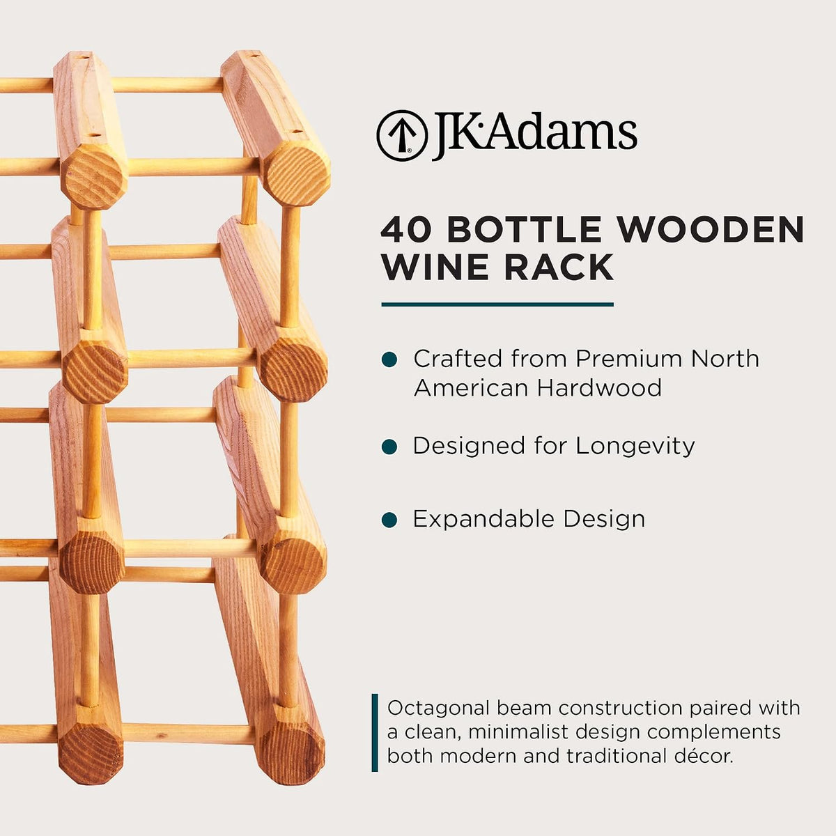 J.K. Adams Wood Modular Wine Rack, Stackable Storage Holder, 40 Bottles