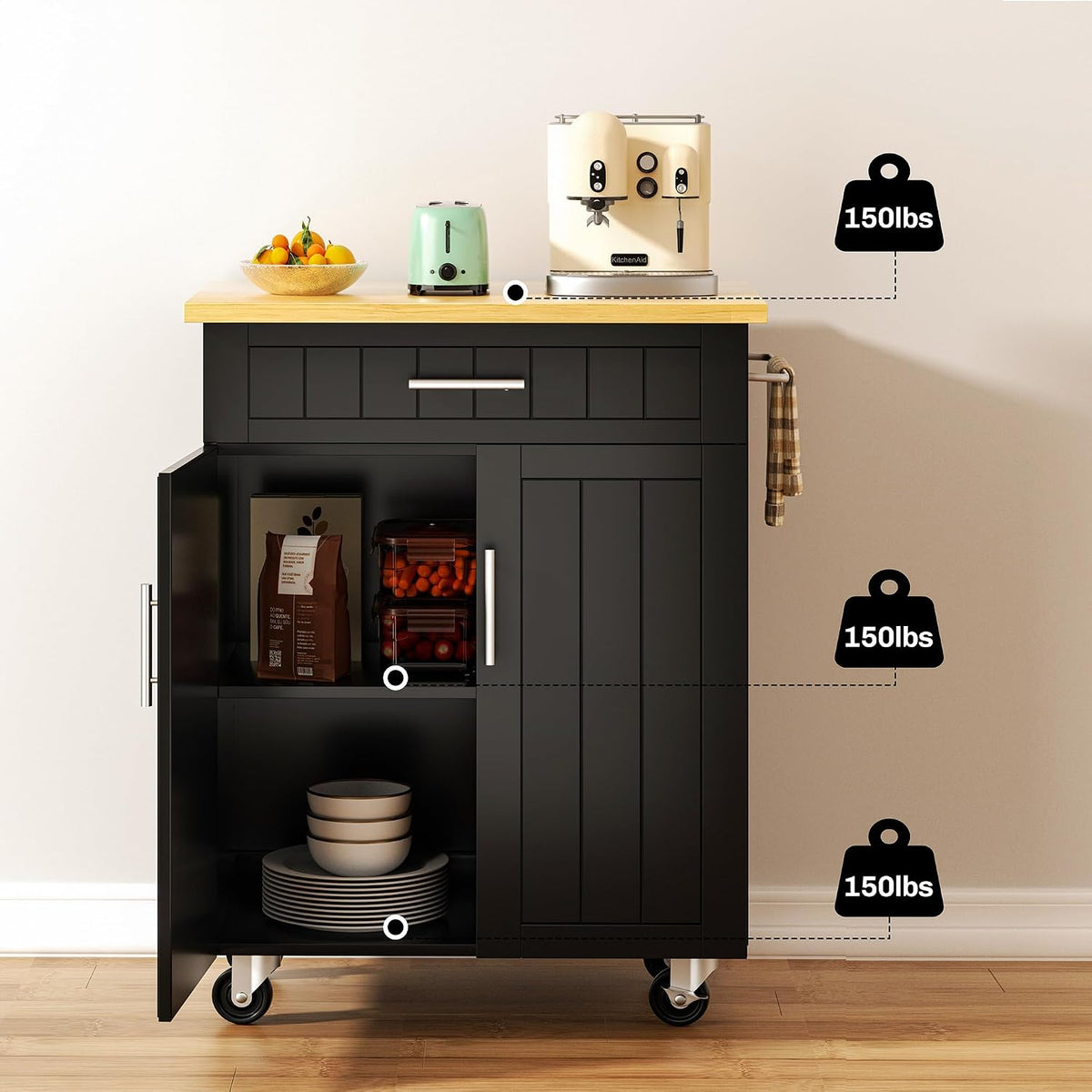 SUNLEI Kitchen Island Cart on Wheels with Storage Cabinet & Drawer, 26" Width Rolling Kitchen Table, Cart Handle for Towel Rack or Free Mobility, Kitchen Cart, Dining Room(Black)