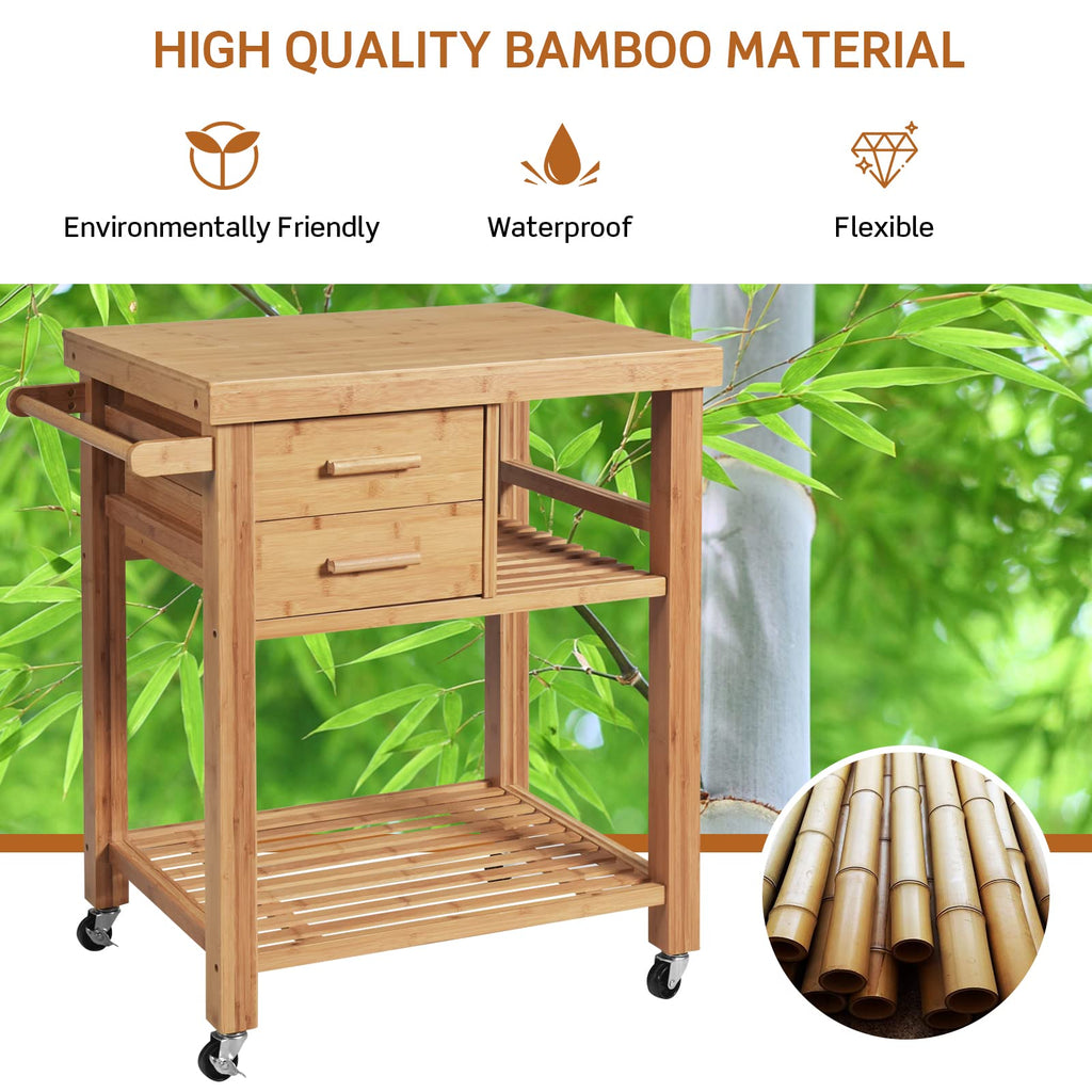 Bamboo Kitchen Island Cart with Storage, Rolling Butcher Block