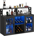Garvee Wine Cabinet with LED Light, Bar Cabinet with Wine Rack, Glass Holder, and Power Outlets, for Living Room Dining Room, Black