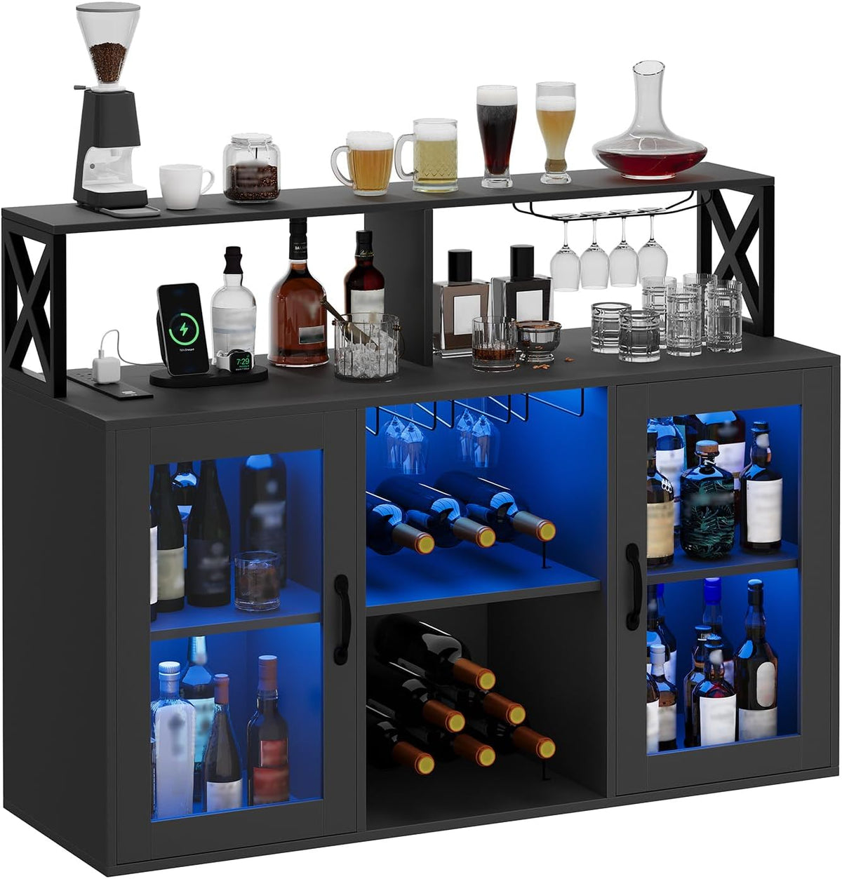 Garvee Wine Cabinet with LED Light, Bar Cabinet with Wine Rack, Glass Holder, and Power Outlets, for Living Room Dining Room, Black