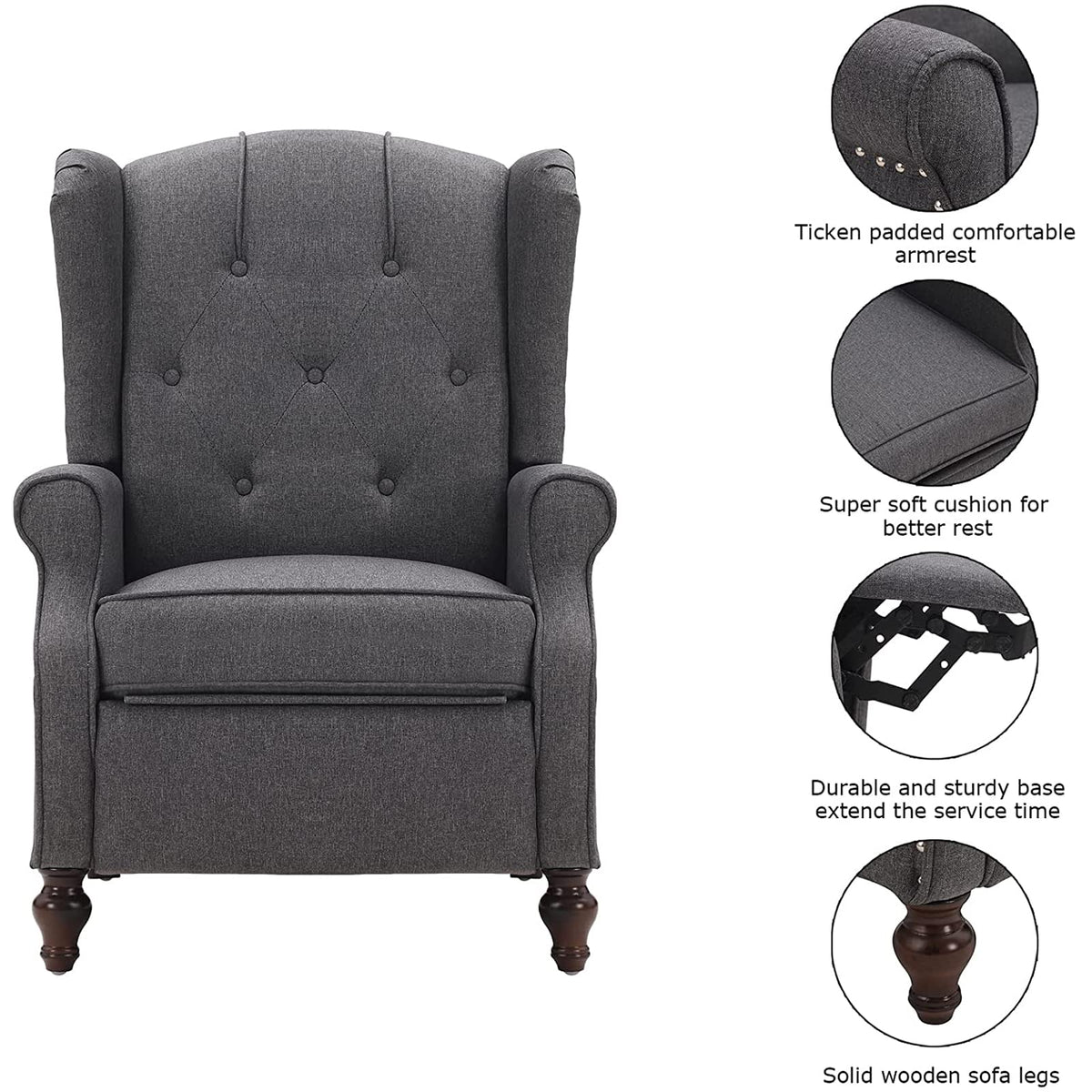 Wingback Recliner Chair - Tufted Arm Chair Recliner - Fabric Push Back Single Sofa for Living Room Adjustable Backrest (Blue Floral)