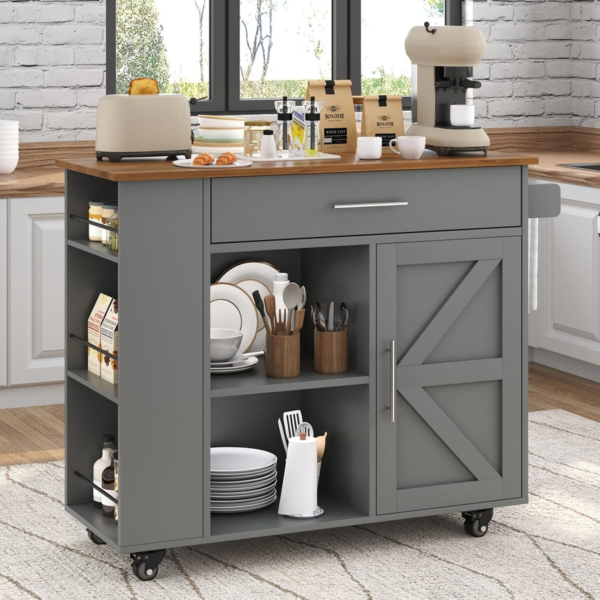 39'' Kitchen Island with Storage, Rolling Kitchen Island on Wheels, Grey