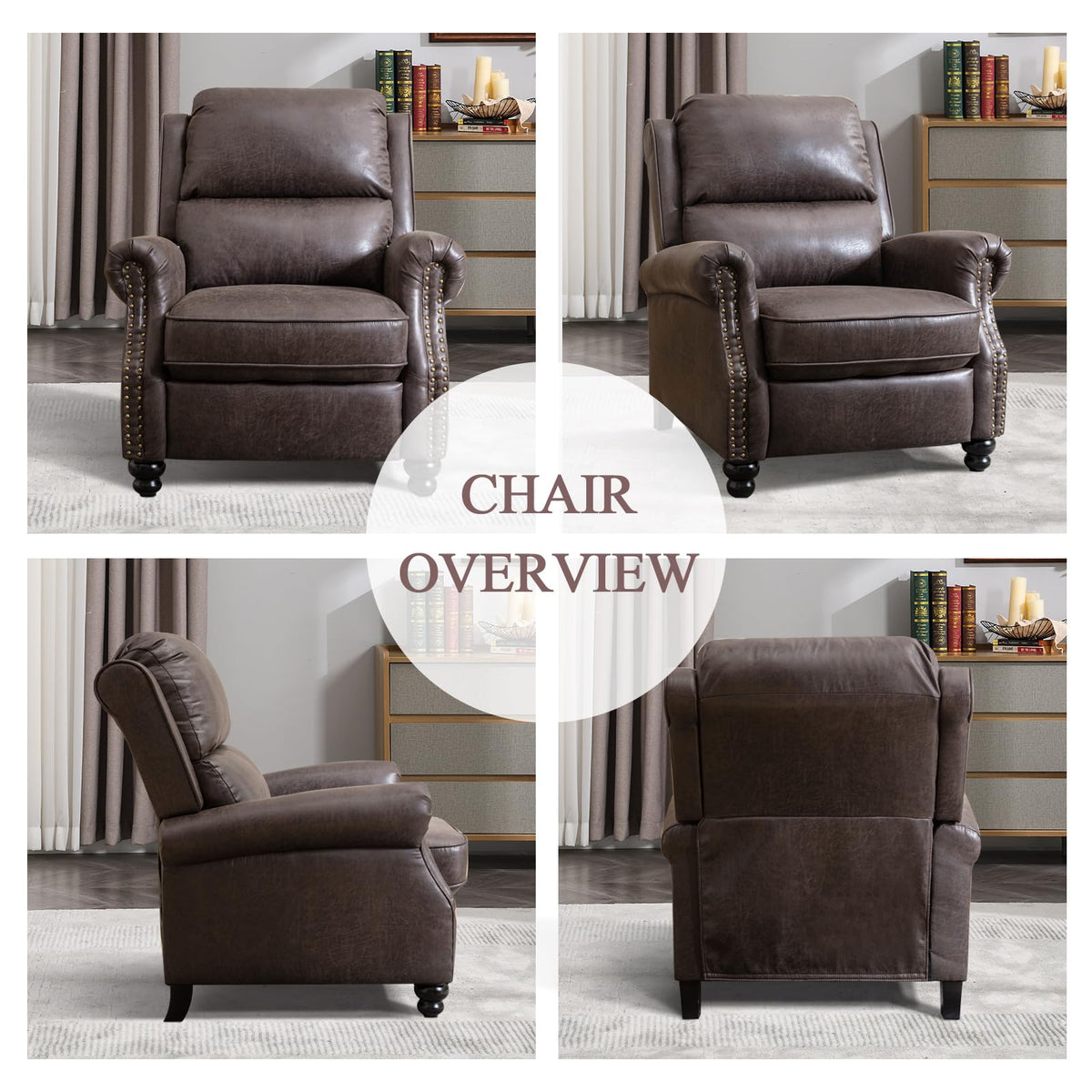 CANMOV Pushback Recliner Chair Faux Leather Armchair Push Back Recliner with Rivet Decoration Single Sofa Accent Chair for Living Room, Chocolate
