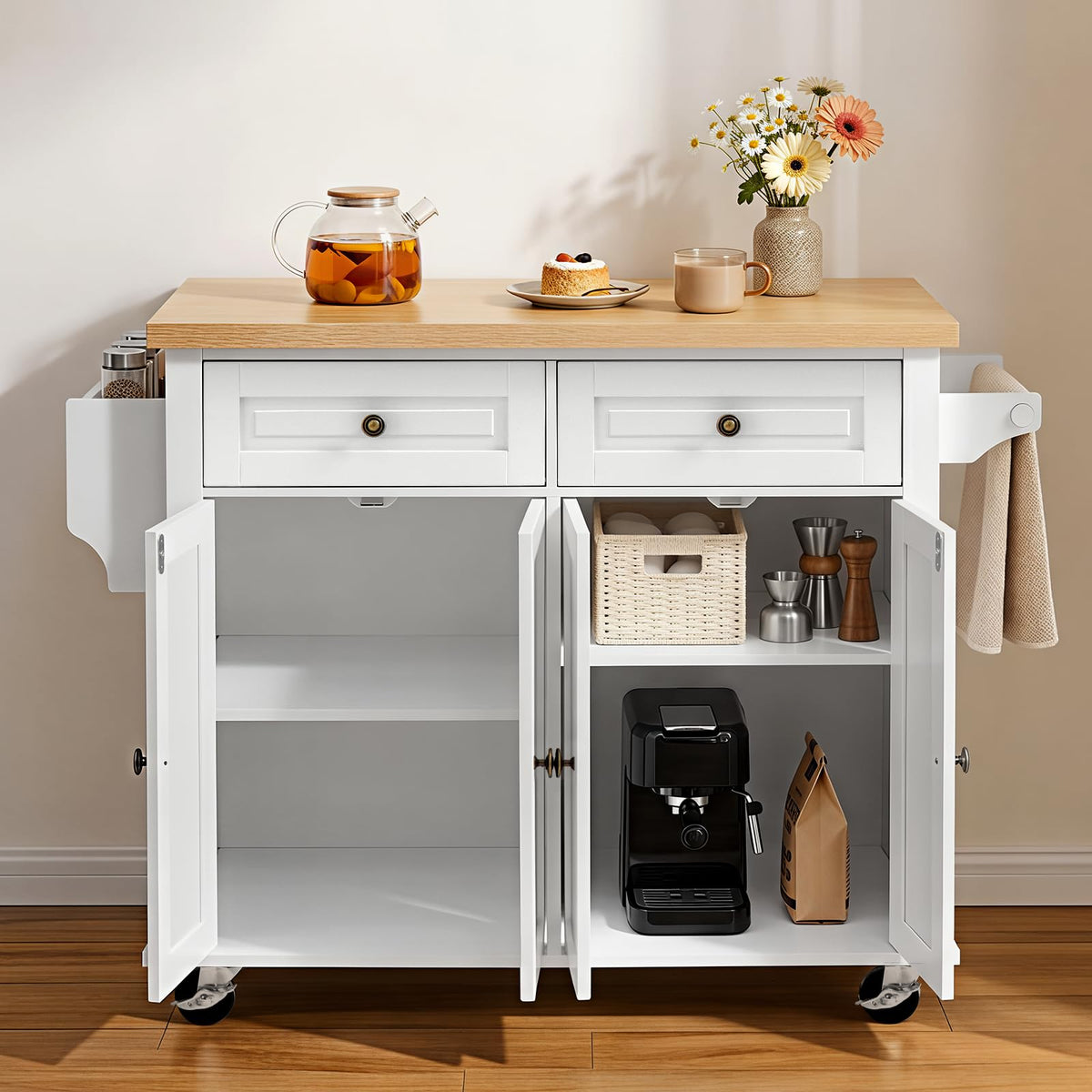 VEVOR Kitchen Island Cart with Storage, 43.58 in Wide Mobile Rolling Storage Island on Swivel Wheels, with 2 Drawers, Storage Cabinet, Drop Leaf, Spice/Towel Rack, Table for Home Dining Room, White