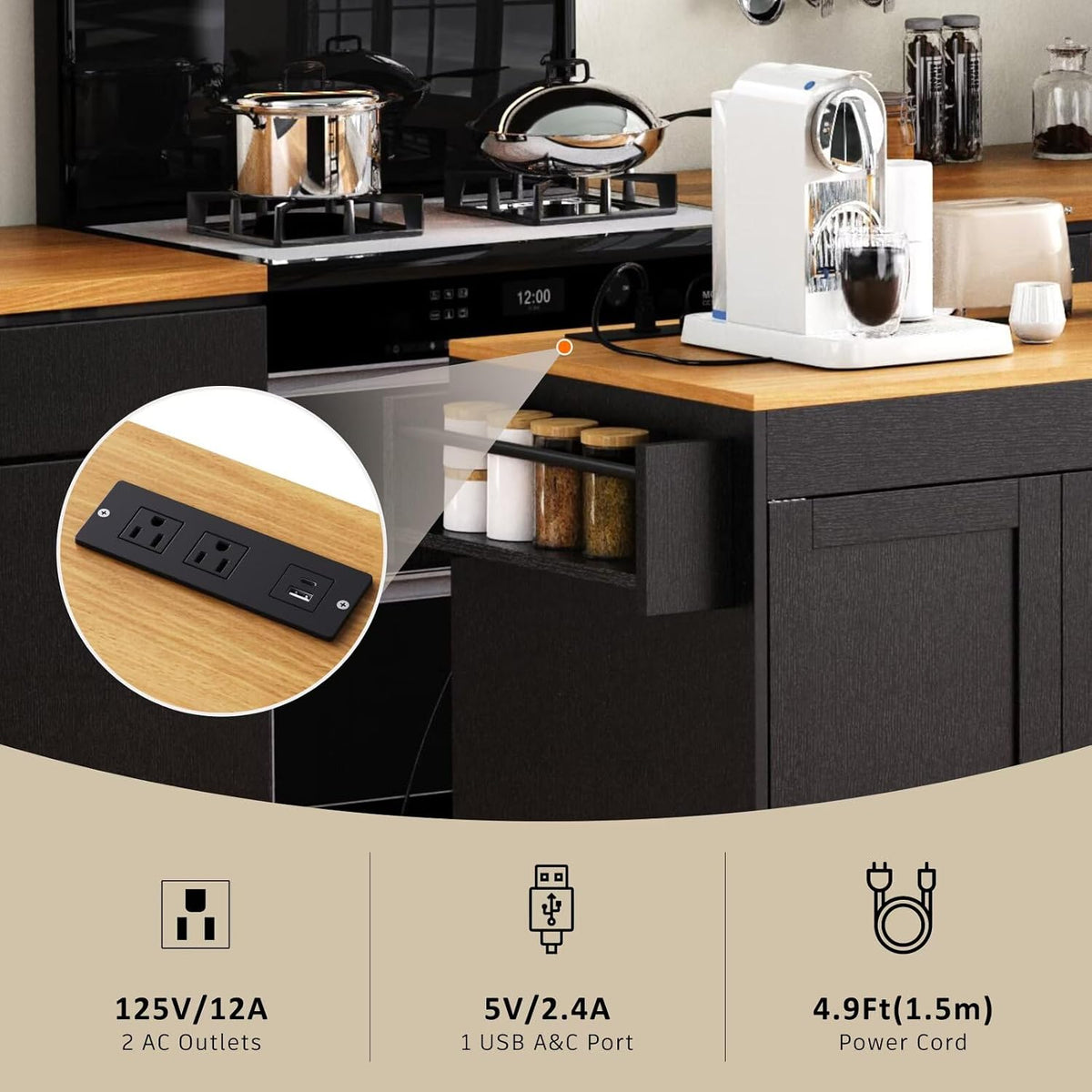 Large Kitchen Island with Extended Dining Table and Power Outlet, Rolling Kitchen Storage Cart with 3 Drawers, Kitchen Island on Wheels with Spice Rack and 2 Door Cabinet, Black