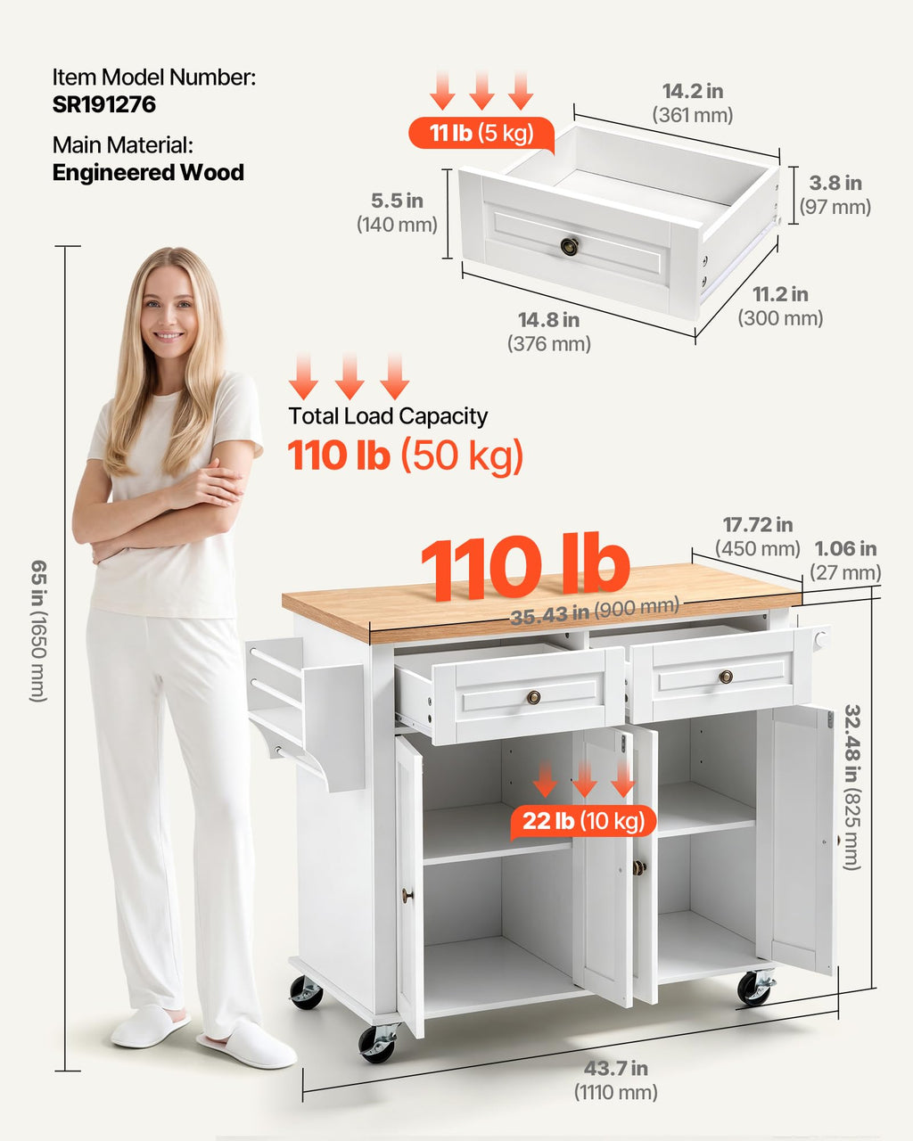 VEVOR Kitchen Island Cart with Storage, 43.58 in Wide Mobile Rolling Storage Island on Swivel Wheels, with 2 Drawers, Storage Cabinet, Drop Leaf, Spice/Towel Rack, Table for Home Dining Room, White