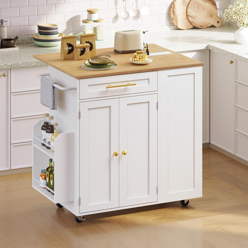 Kitchen Island with Storage, Rolling Kitchen Table with Drop Leaf, Charging Station, 3 Open Adjustable Shelf & Drawer, Towel Rack, Mobile Kitchen Cart for Dining Room, Black and Natural