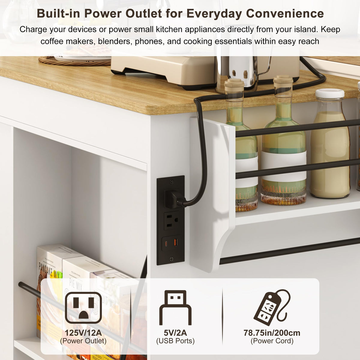 81.6"-51" Extendable Rolling Kitchen Island with Extended Dining Table & Power Outlet, Mobile Kitchen Storage Islands with Trash Cabinet, Large Islands Cart with Storage and 2 Seatings, Black
