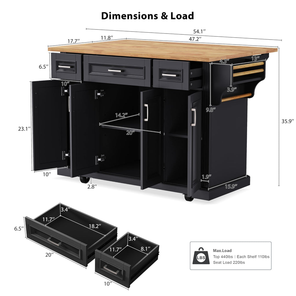53" Large Kitchen Island with Drop Leaf & Power Outlet, Rolling Kitchen Cart on 5 Wheels with Internal Door Storage Rack, 5 Open Side Racks, 3 Drawers, 2 Doors for Kitchen Dining Room