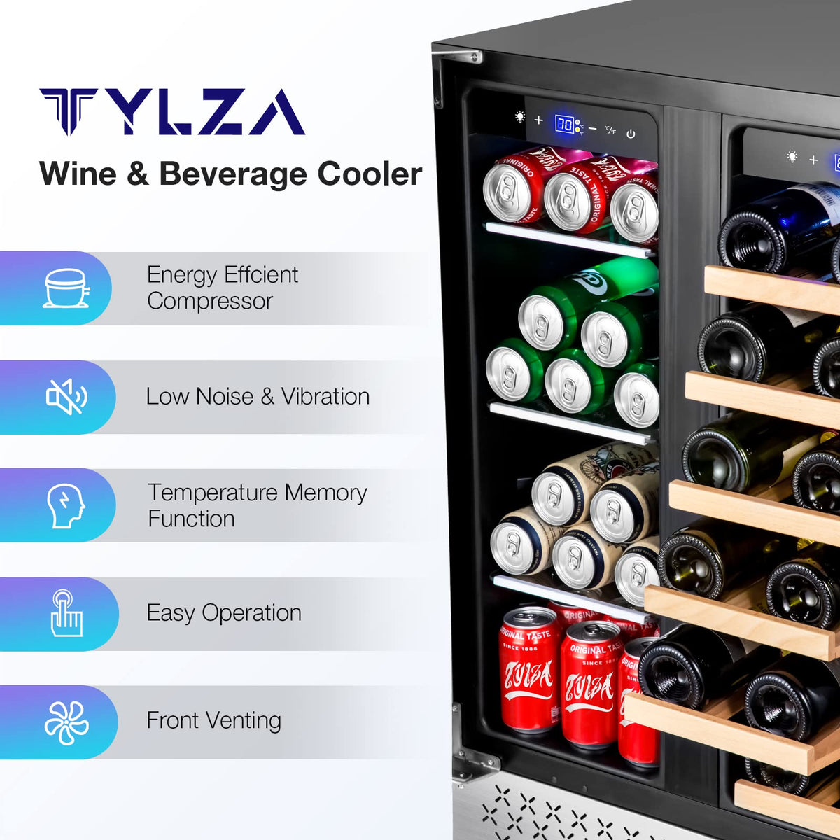 Tylza Wine Fridge 15'', 30 Bottles Wine Cooler Refrigerator, Undercounter or Freestanding, Removable Shelves, 40-65Â°F, Wine Cabinet with Double Glass Door, Wine Cooler for Home, Kitchen, Bar