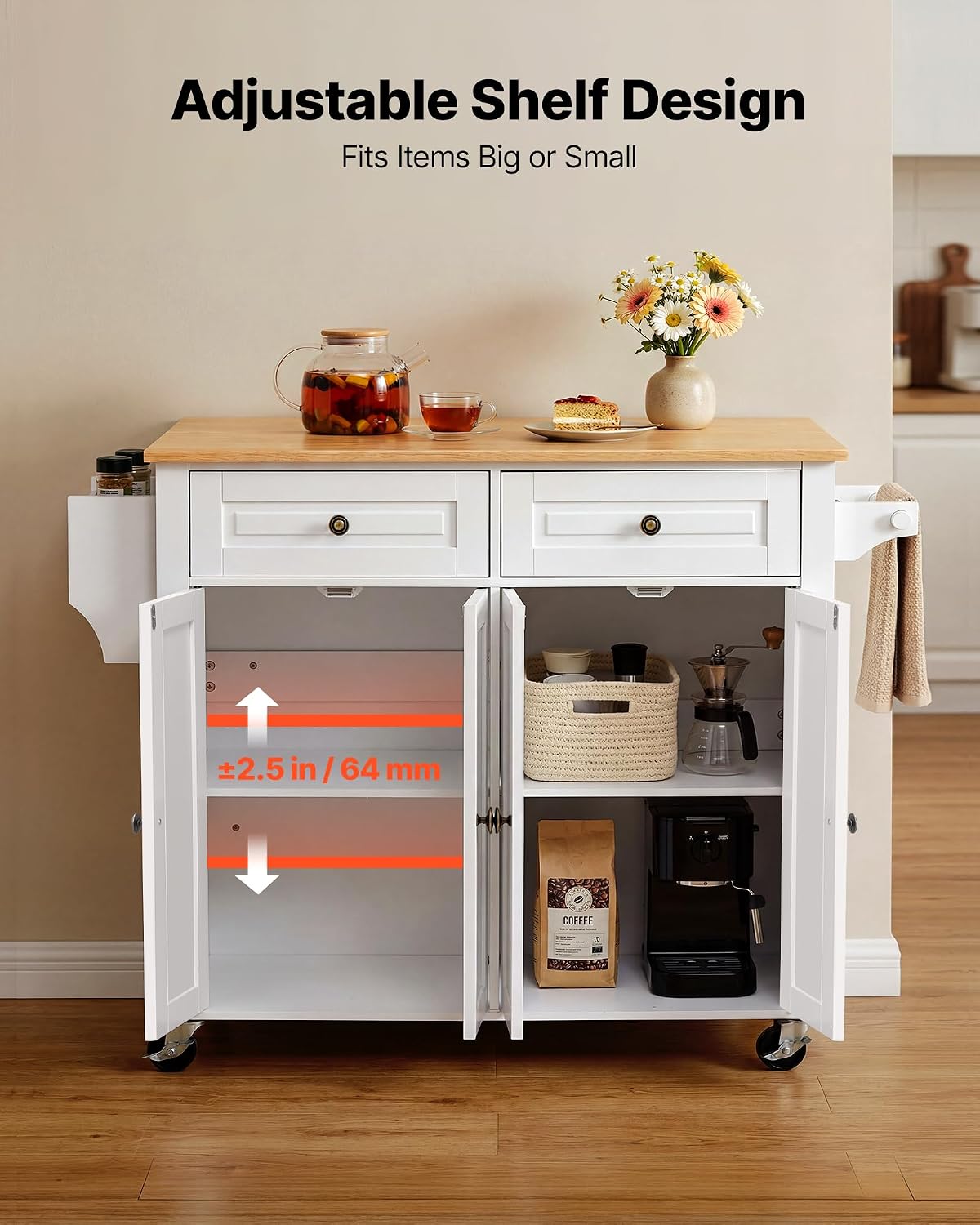 VEVOR Kitchen Island Cart with Storage, 43.58 in Wide Mobile Rolling Storage Island on Swivel Wheels, with 2 Drawers, Storage Cabinet, Drop Leaf, Spice/Towel Rack, Table for Home Dining Room, White