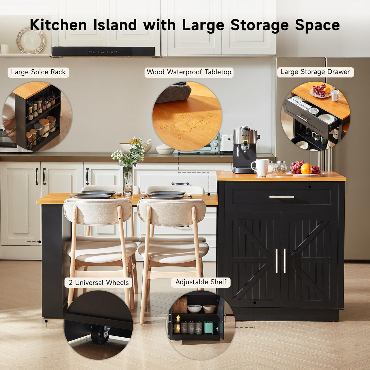 48"-76" Kitchen Islands with Extendable Dining Table, 2-4 People, White