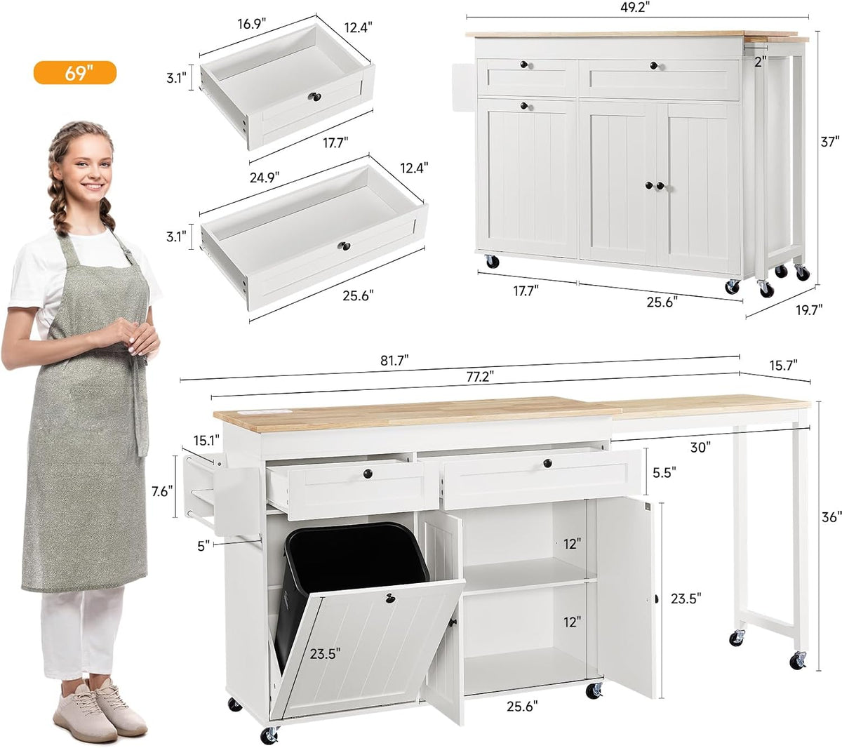 Kitchen Islands with Extendable Dining Table, Mobile Storage Islands, White