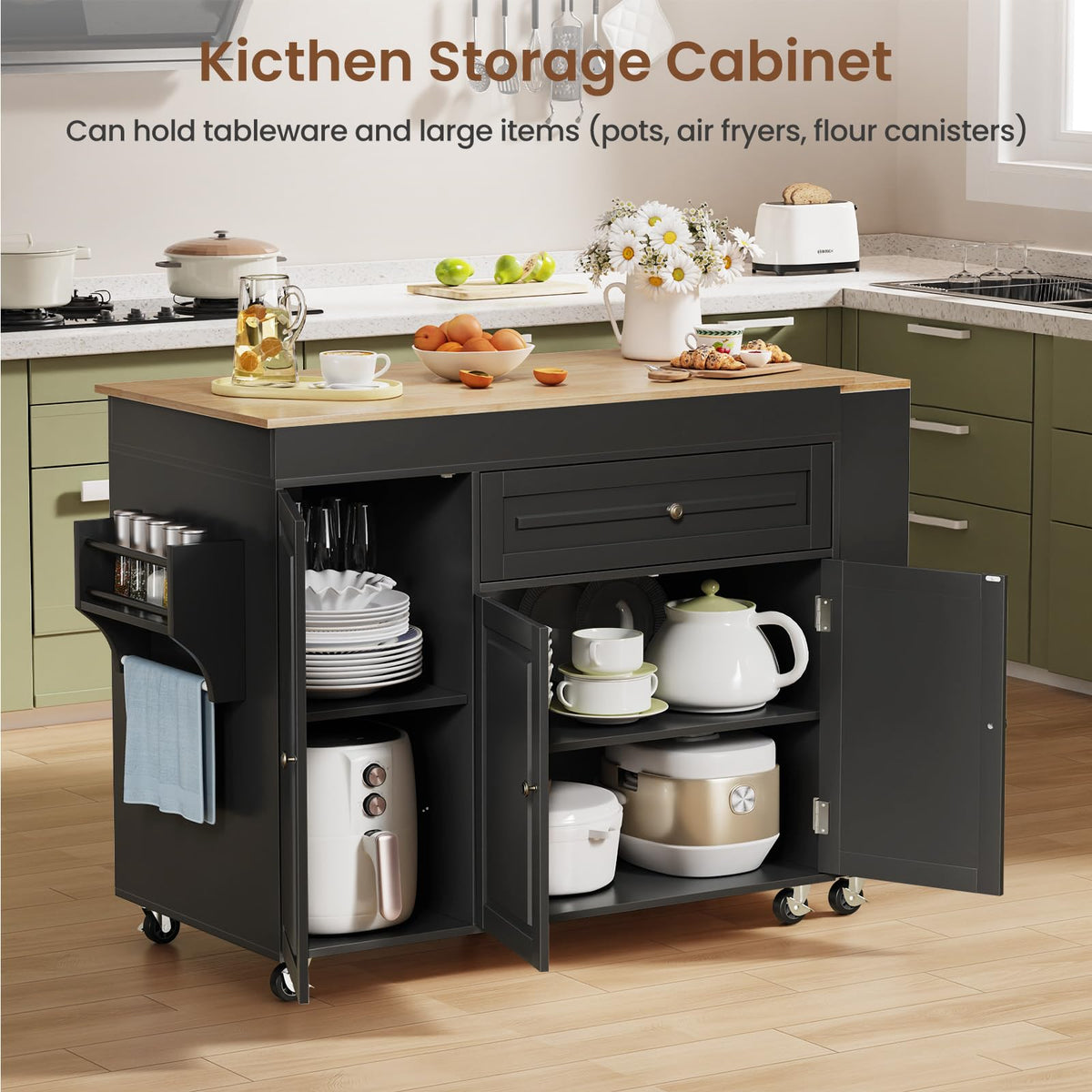 Expandable Kitchen Island with Storage Drawer and Wheels, White