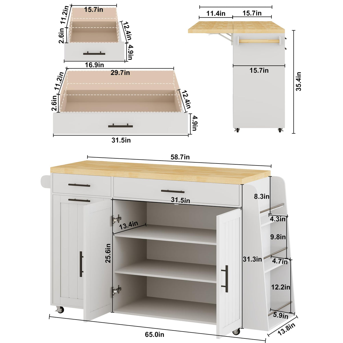 DreamDashio Kitchen Island with Storage, Rolling Kitchen Island with Swivel Table, Drawers & Shelves, Mobile Kitchen Island Cart with 360Â° Swivel Extendable Dining Table for Kitchen, Dining Room