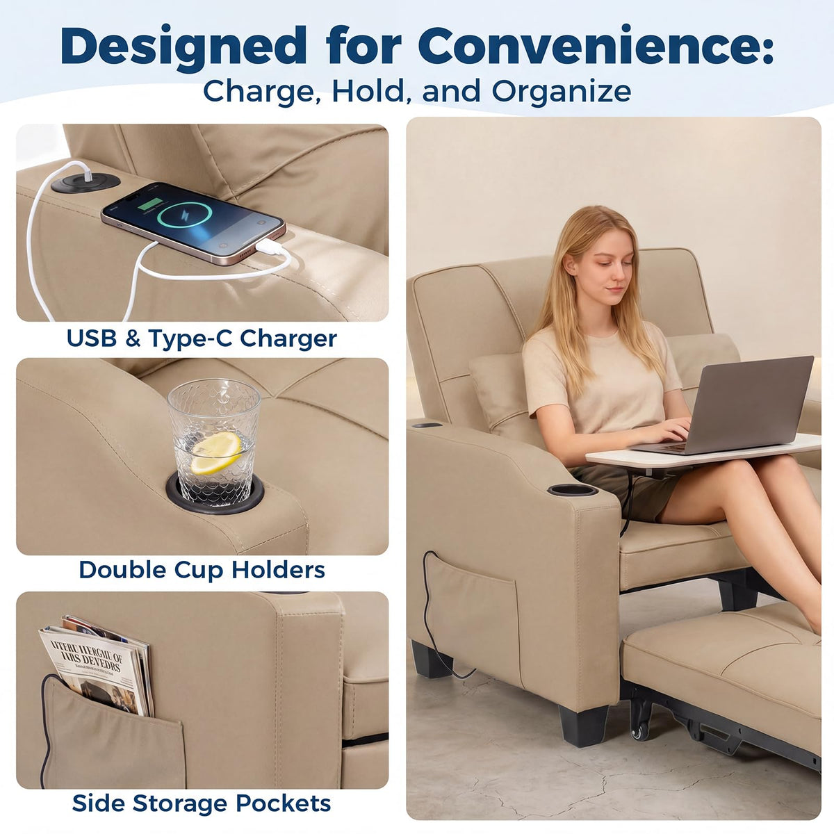 Sleeper Chair Pull Out Bed, 4 in 1 Convertible Sofa Chair Bed with Vibration Massage Lumbar Pillow, Single Sofa Recliner with USB/Type-C Port, Cup Holders and Side Pocket for Small Spaces (Black)