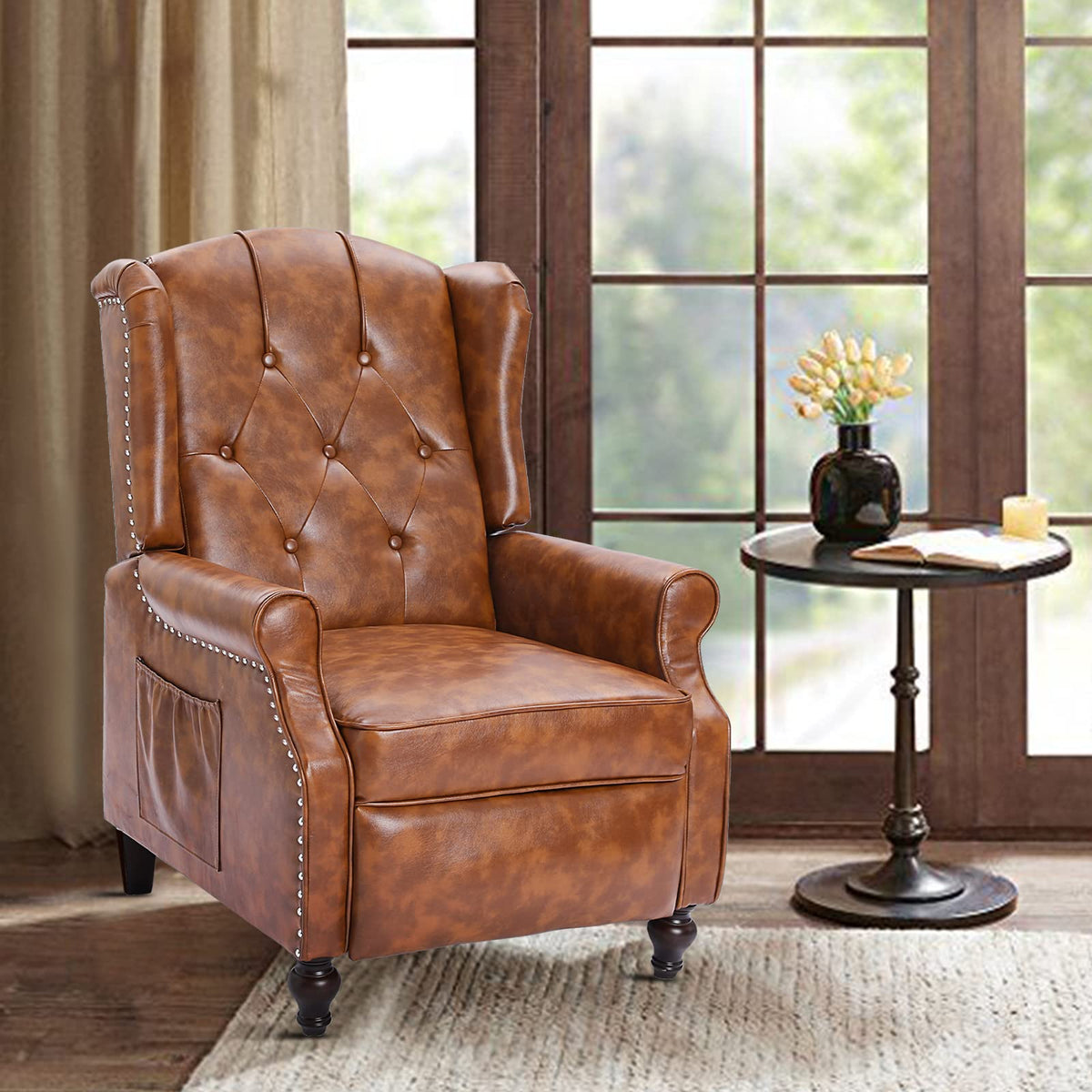 Wingback Recliner Chair - Tufted Arm Chair Recliner - Fabric Push Back Single Sofa for Living Room Adjustable Backrest (Blue Floral)
