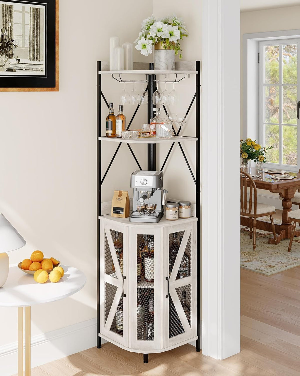 Garvee 72-Inch Industrial Corner Wine Cabinet with Built-in Power Outlet and LED Strip, Mesh Door Liquor Storage with Glass Holder, 5-Tier Bar Display Unit for Home or Small Space, Sturdy Metal Frame