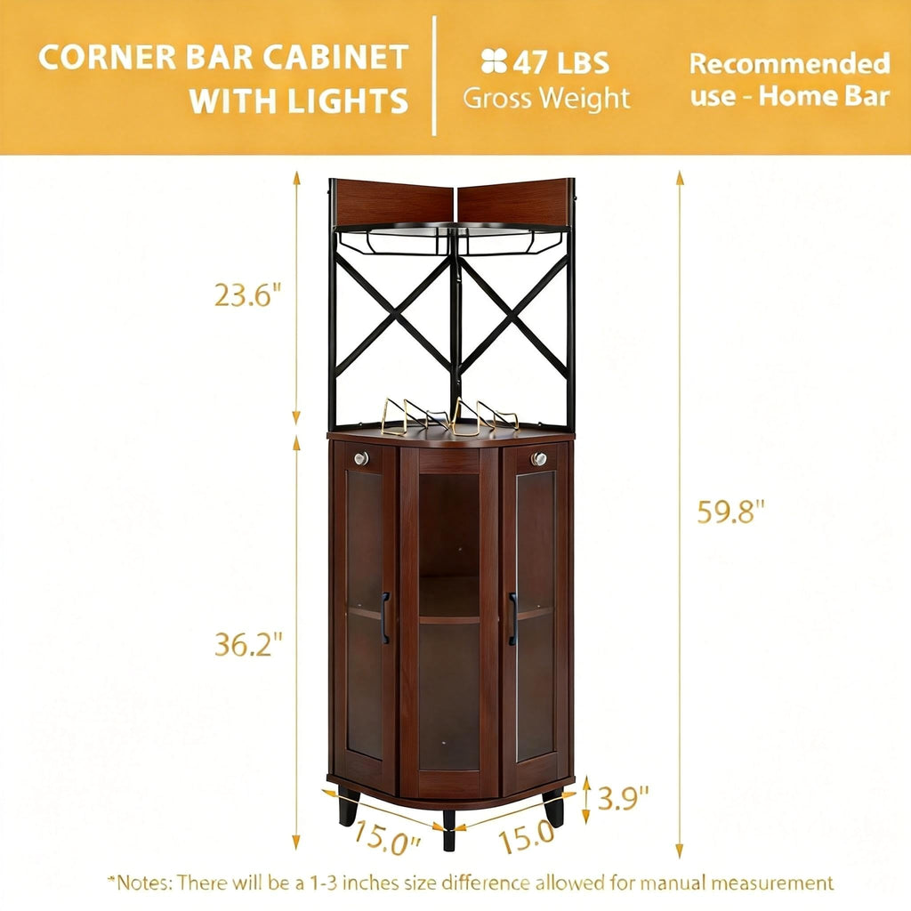 COCO DESIGN All Black Corner Wine Cabinet, Lockable Glass Door with Light