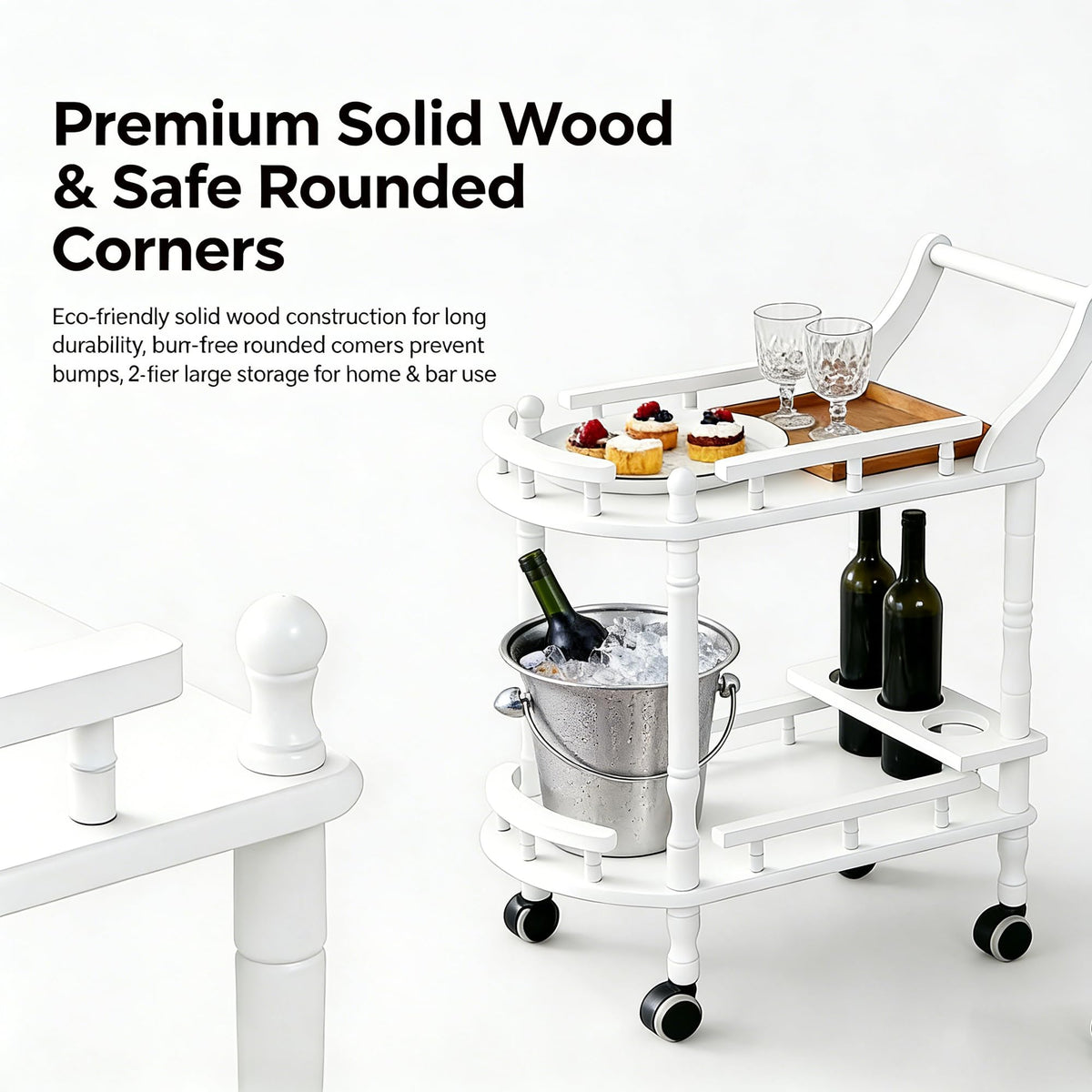 Entertainment Kitchen Cart, Midcentury Modern Imported rubberwood Brown Finished Wood 3-Tier Mobile Bar Cart Serving Cart