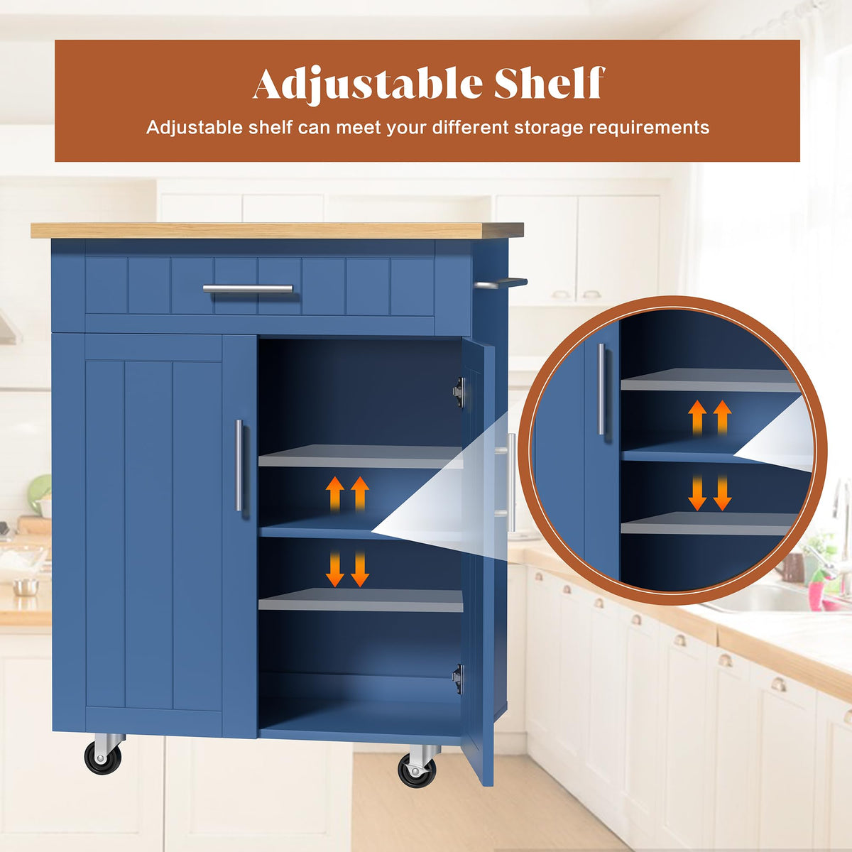 JY QAQA 26" Rolling Kitchen Island Cart on Wheels, Mobile Storage Cabinet with Adjustable Inner Shelves, Kitchen Prep Cart with Towel Rack & Lockable Casters for Small Apartment Kitchen, White