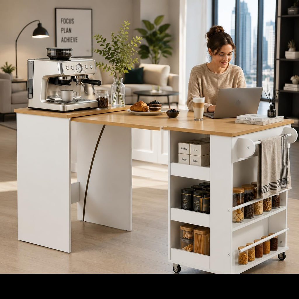 EROMMY 52" Extendable Kitchen Island with Faux Marble Top, Rolling Kitchen Cart with Pull-Out Dining Table, Spice Rack, Towel Bar, Mobile Breakfast Bar Station with Storage for Small Space (White)
