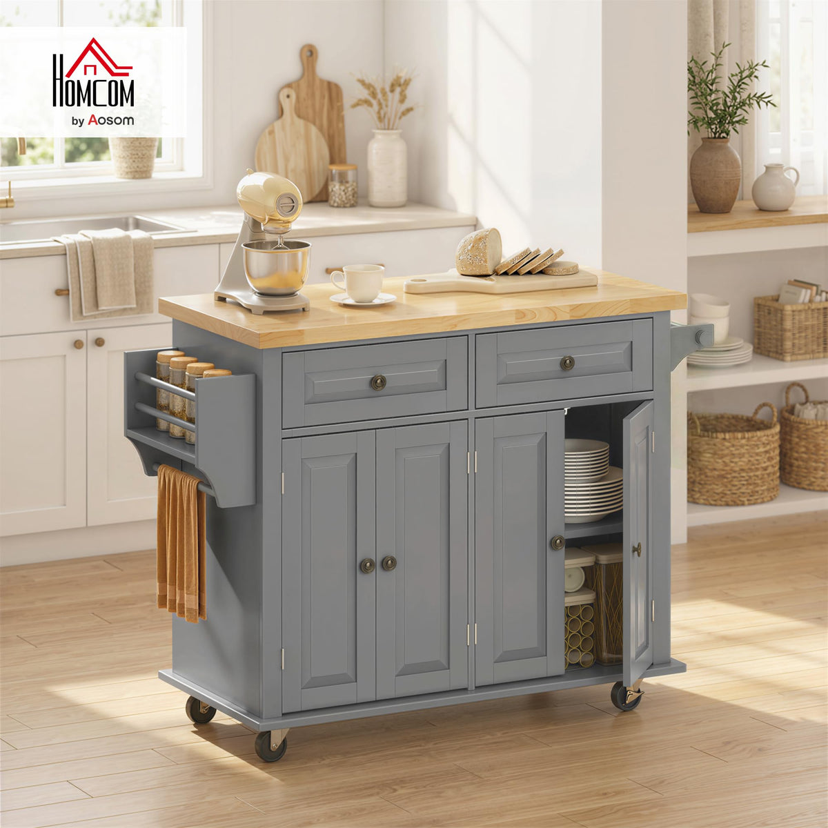 HOMCOM Kitchen Island Cart on Wheels with Solid Wood Top, 44" Cream White