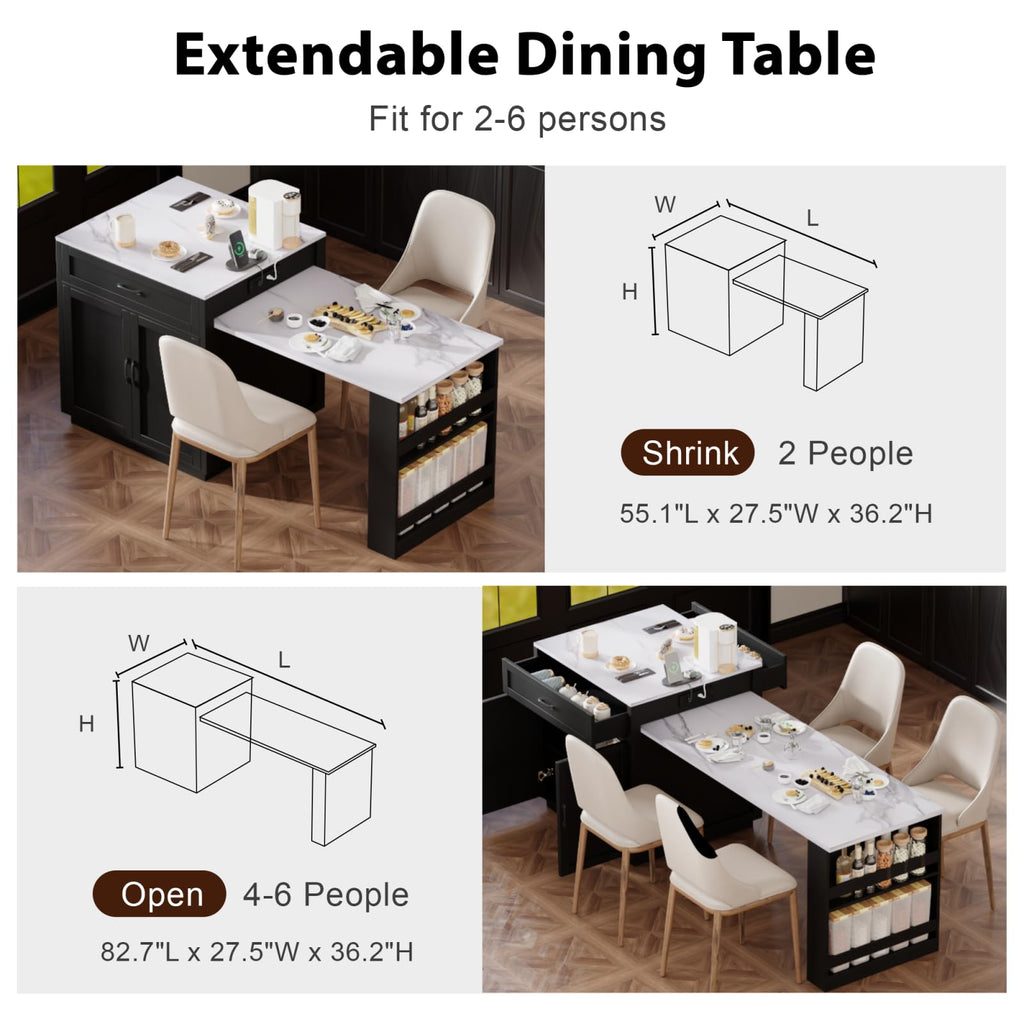 Large Kitchen Island with Extended Dining Table and Power Outlet, Rolling Kitchen Storage Cart with 3 Drawers, Kitchen Island on Wheels with Spice Rack and 2 Door Cabinet, Black