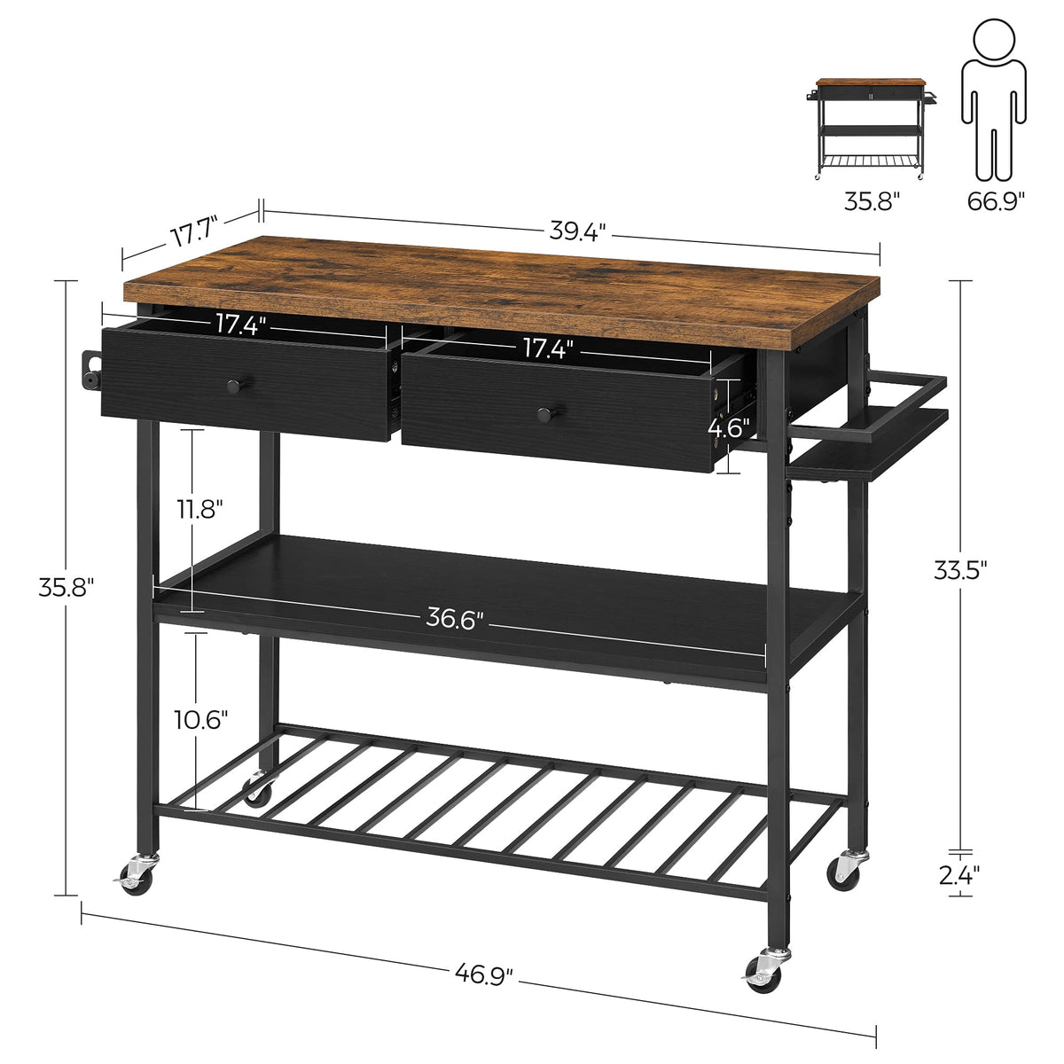 VASAGLE Mobile Kitchen Island with 2 Doors, 2 Drawers