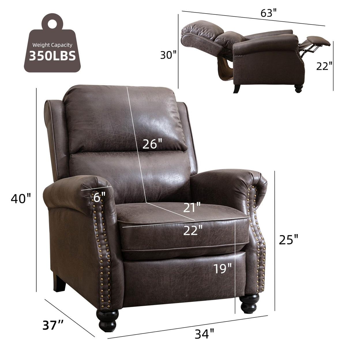 CANMOV Pushback Recliner Chair Faux Leather Armchair Push Back Recliner with Rivet Decoration Single Sofa Accent Chair for Living Room, Chocolate