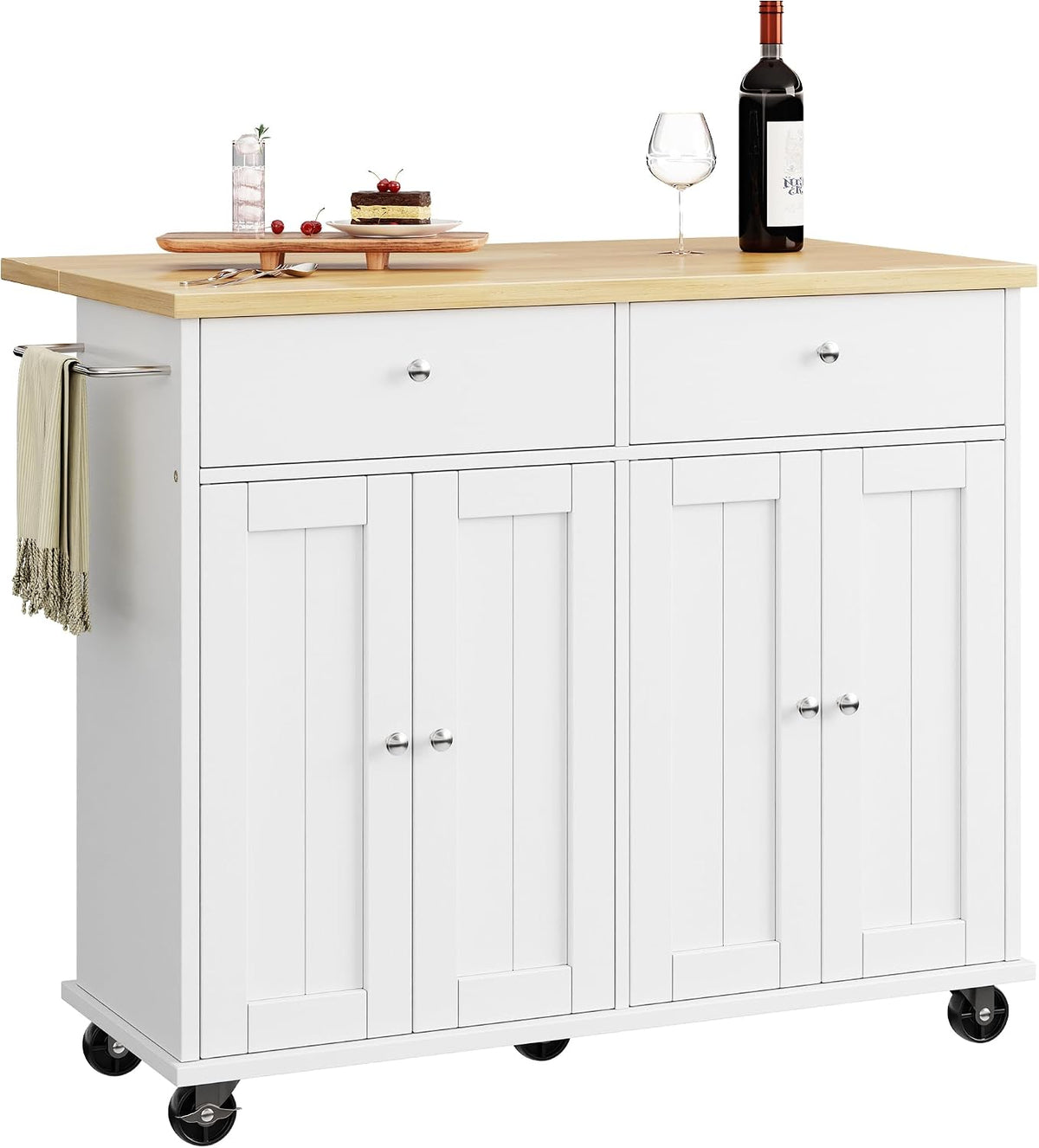 SUNLEI Kitchen Island with Storage, Kitchen Island on Wheels with Drop Leaf, Rolling Kitchen Island Cart with Cabinet and Drawers, Mobile Kitchen Storage Cart for Dining Room, White