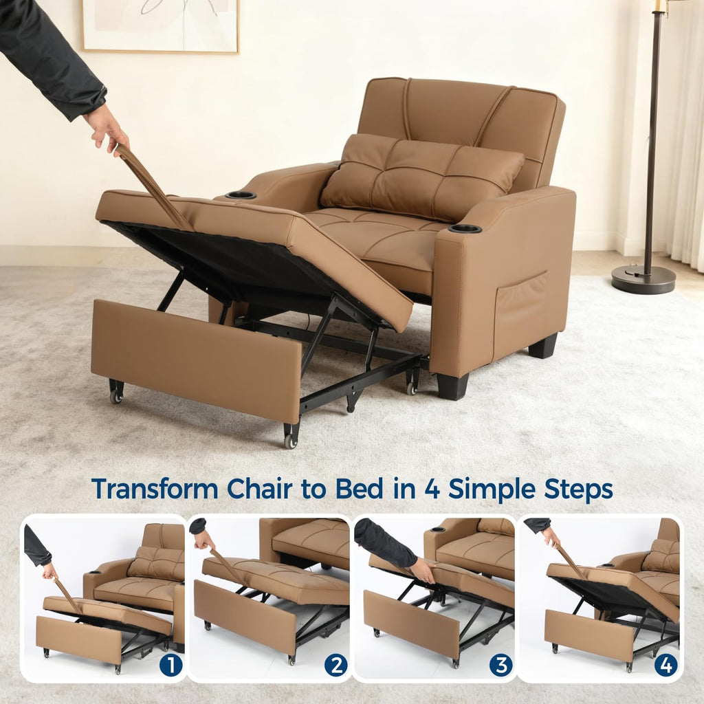 Sleeper Chair Pull Out Bed, 4 in 1 Convertible Sofa Chair Bed with Vibration Massage Lumbar Pillow, Single Sofa Recliner with USB/Type-C Port, Cup Holders and Side Pocket for Small Spaces (Black)