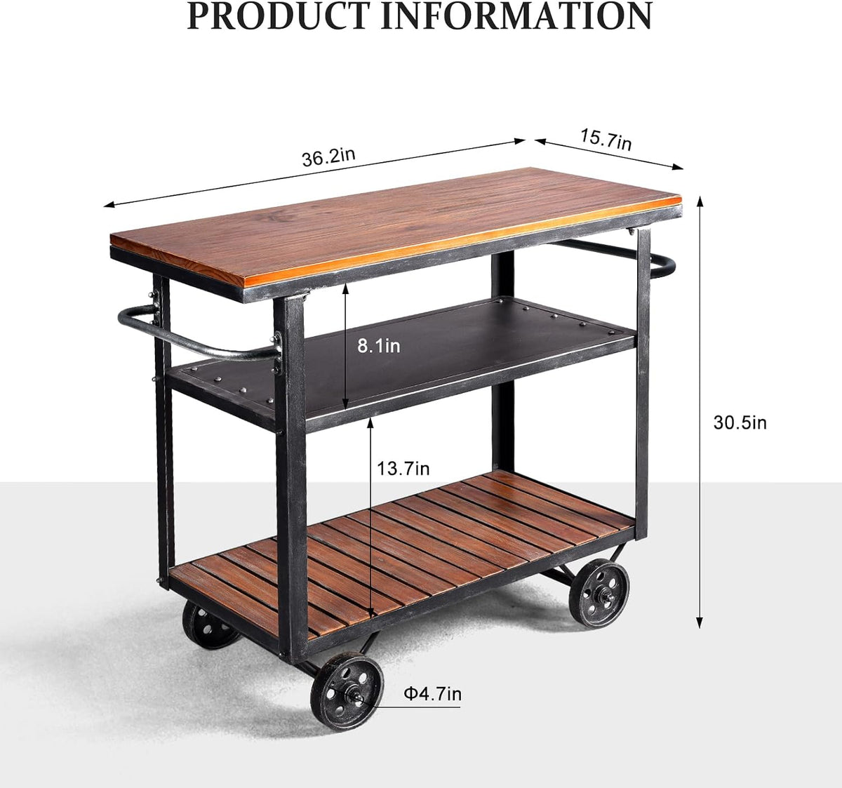 Industrial 3 Tier Rolling Utility Storage Cart Wine Beverage, Metal Wine Rack with Wheels Kitchen Bar Dining Room Tea Wine, Storage Cart with Wood