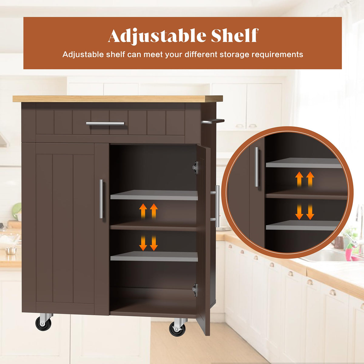 JY QAQA 26" Rolling Kitchen Island Cart on Wheels, Mobile Storage Cabinet with Adjustable Inner Shelves, Kitchen Prep Cart with Towel Rack & Lockable Casters for Small Apartment Kitchen, White