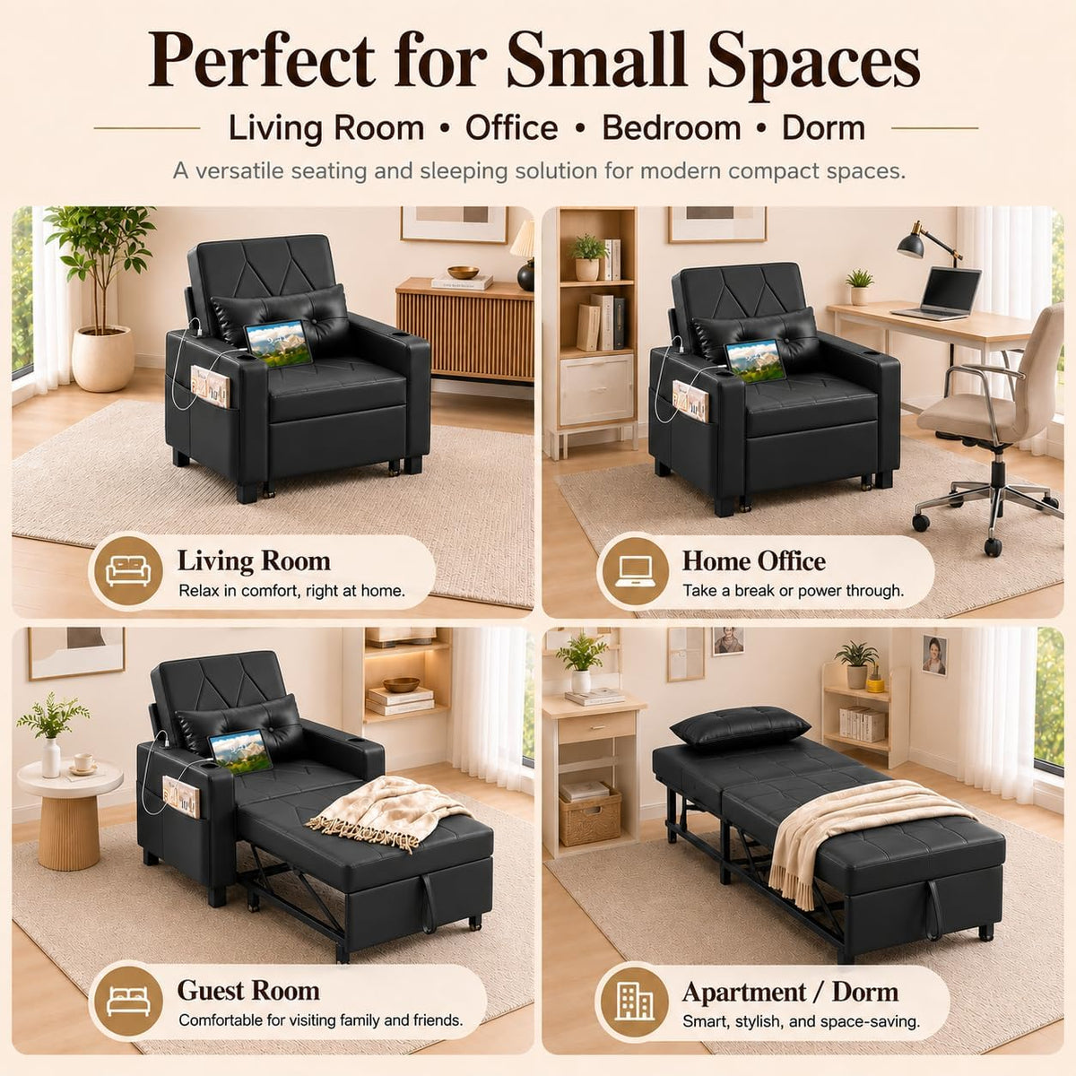 AILEEKISS Sleeper Chair Bed, 3-in-1 Convertible Pull Out Sofa, Faux Leather