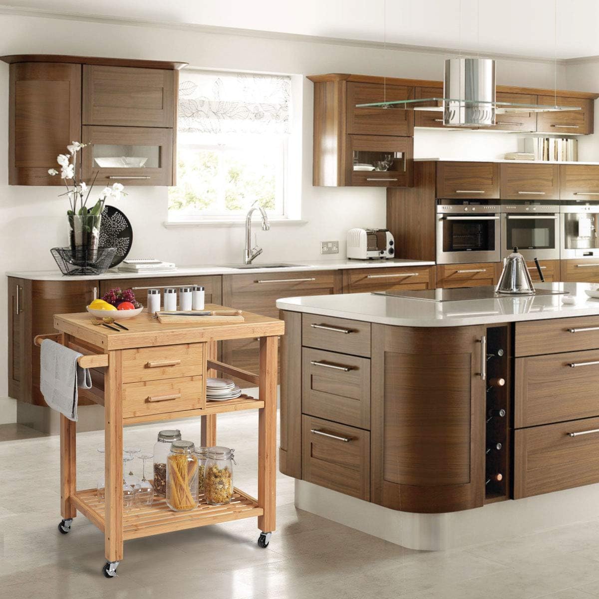 GIANTEX Kitchen Island, Bamboo Island Cart, Kitchen Trolley Cart on Wheels, Rolling Kitchen Cart, 2 Drawers, Towel Rack, Casters with Lock (Natural)