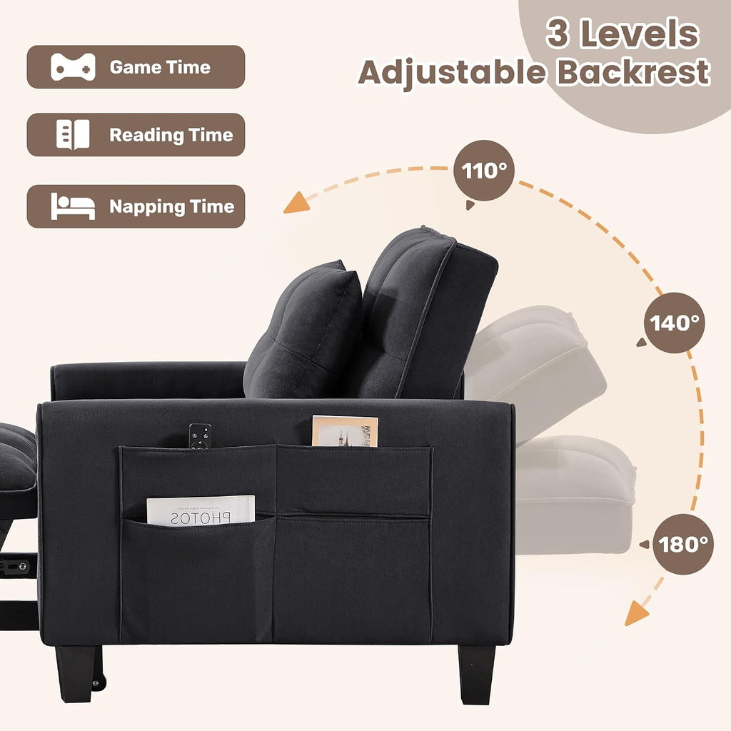 Convertible Sleeper Chair, 3 in 1 Sleeper Chair Bed Pull Out Sofa Bed Chairs, Single Sofa with Adjustable Backrest for Adults Reading Living Room, Bedroom, Black