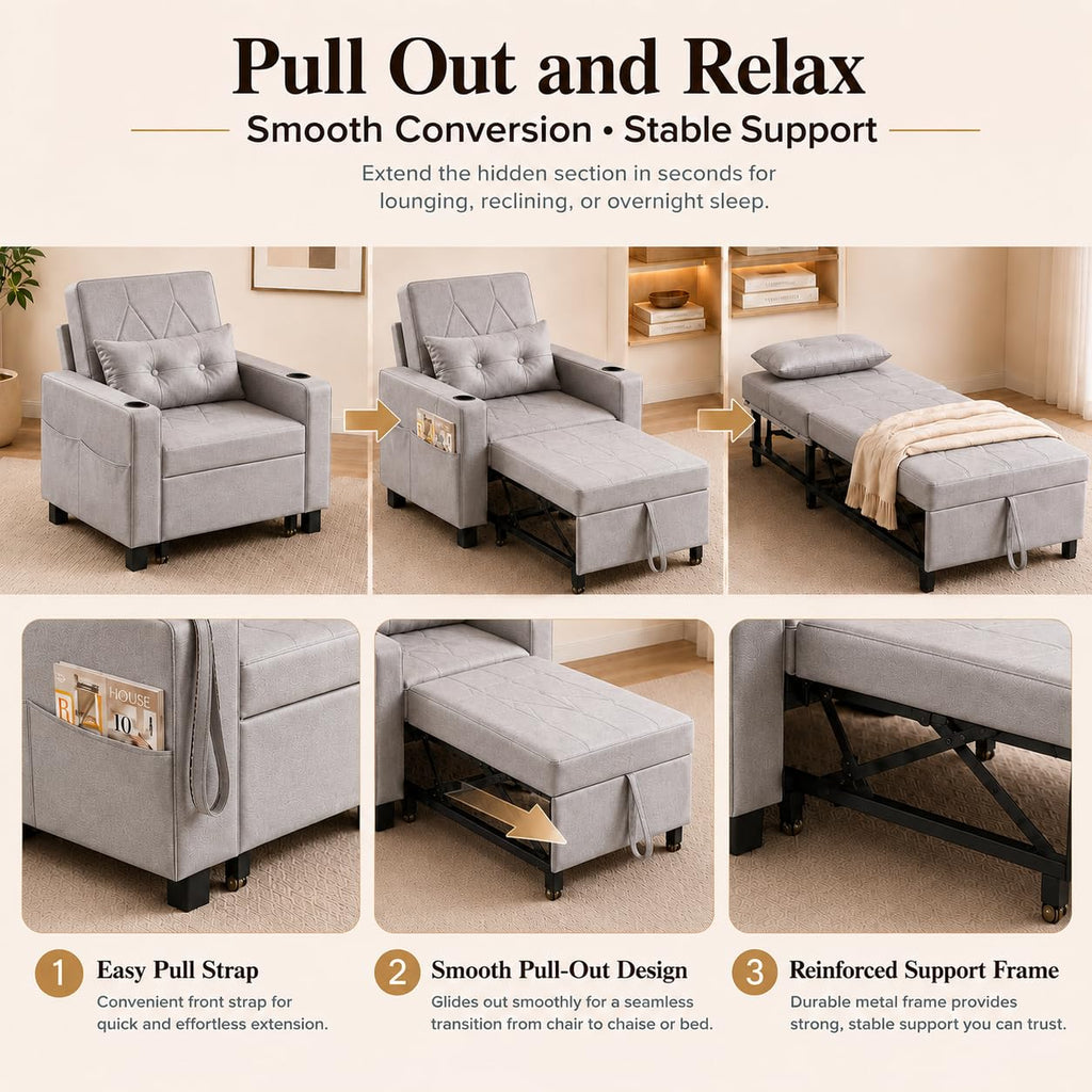 AILEEKISS Sleeper Chair Bed, 3-in-1 Convertible Pull Out Sofa, Faux Leather