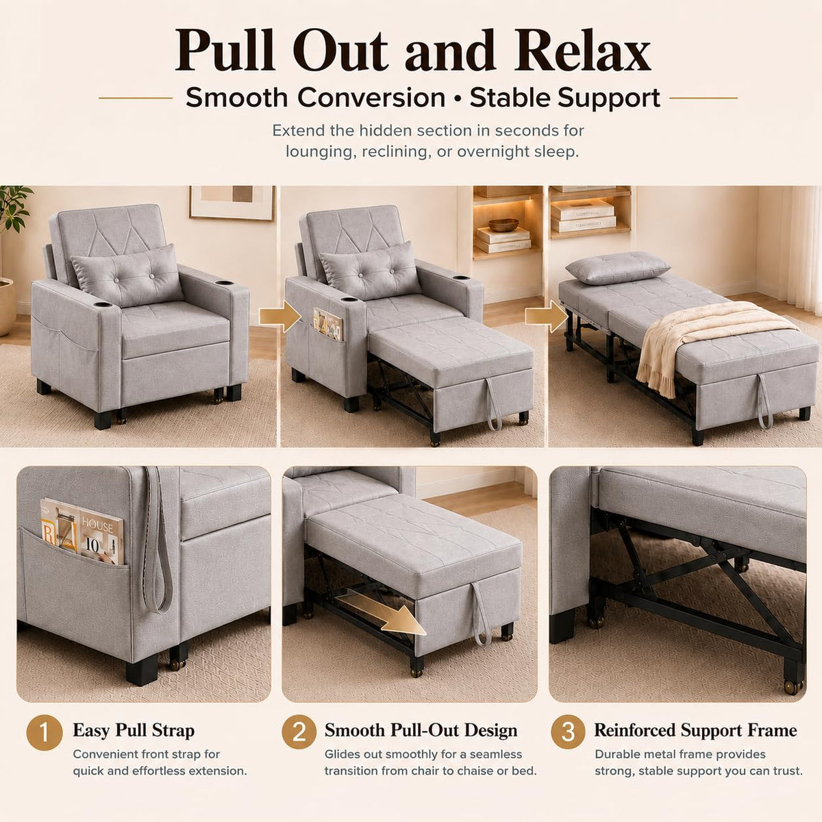AILEEKISS Sleeper Chair Bed, 3-in-1 Convertible Pull Out Sofa, Faux Leather