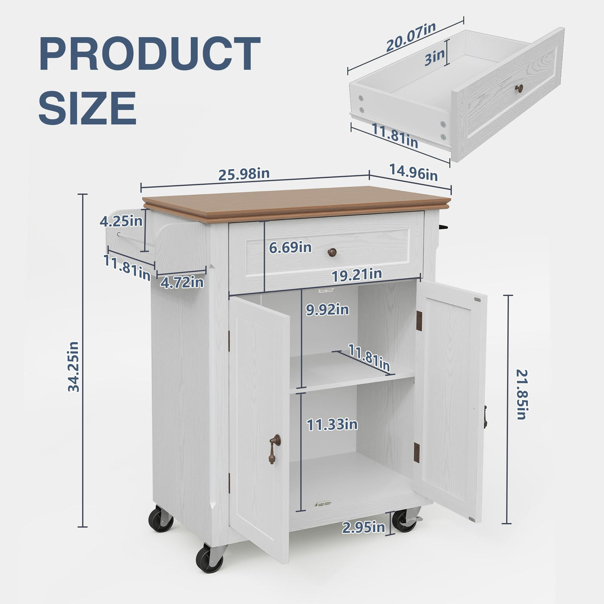 HLR 26'' Small Kitchen Island, Vintage Wood Kitchen Cart on Wheels, Blue