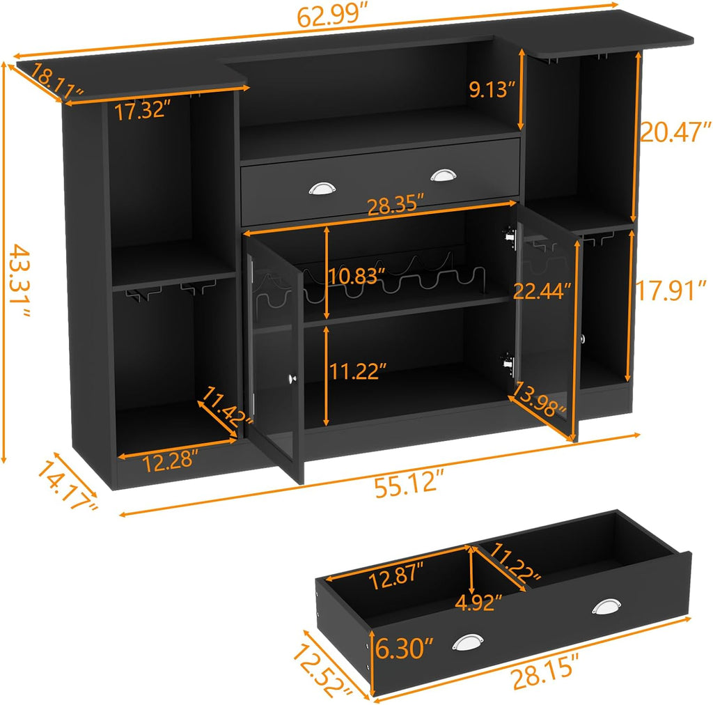 63" LED Bar Cabinet with Drawer, 8-Tier Storage & Glass Holders for Home