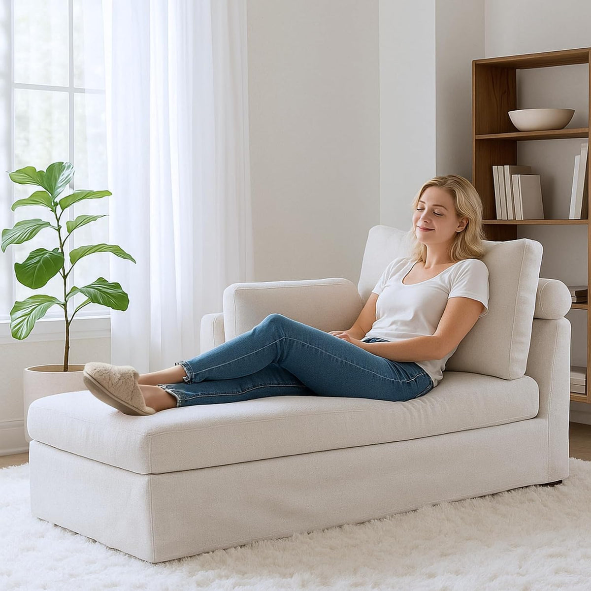 Modern 32''W Chaise Lounge with Armrest (Hold Right Arm), Indoor Recliner, Comfy Deep Seat Sleeper Chair Single Sofa Bed for Apartment, Living Room, Ivory L.