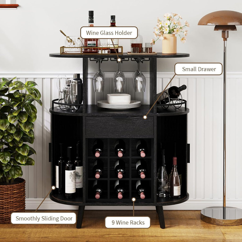 31.5" Black Bar Cabinet with Wine Rack & Sliding Door