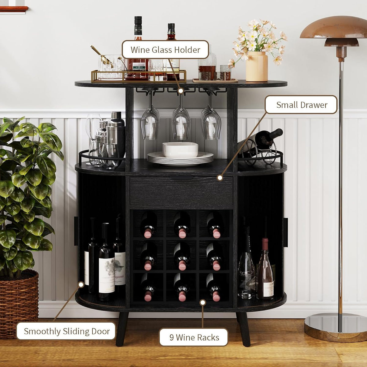 31.5" Black Bar Cabinet with Wine Rack & Sliding Door