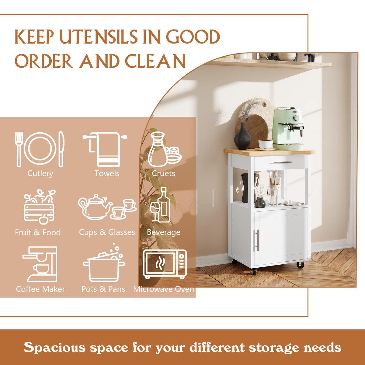 JY QAQA 26" Rolling Kitchen Island Cart on Wheels, Mobile Storage Cabinet with Adjustable Inner Shelves, Kitchen Prep Cart with Towel Rack & Lockable Casters for Small Apartment Kitchen, White