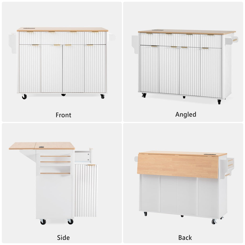 Large Fluted Kitchen Island Cart on Wheels with Storage, Natural